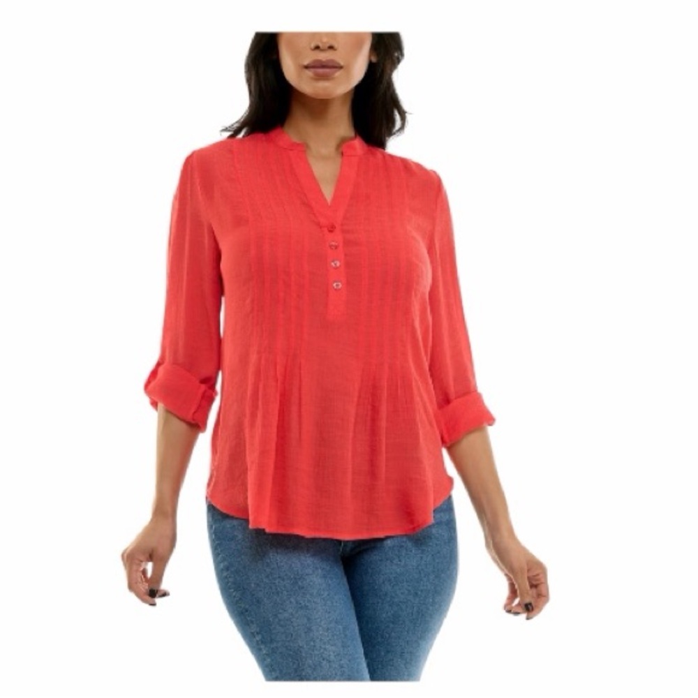 Zac And Rachel Red 3/4 Or Long Sleeve Henley V-neck Blouse WM SZ Large
